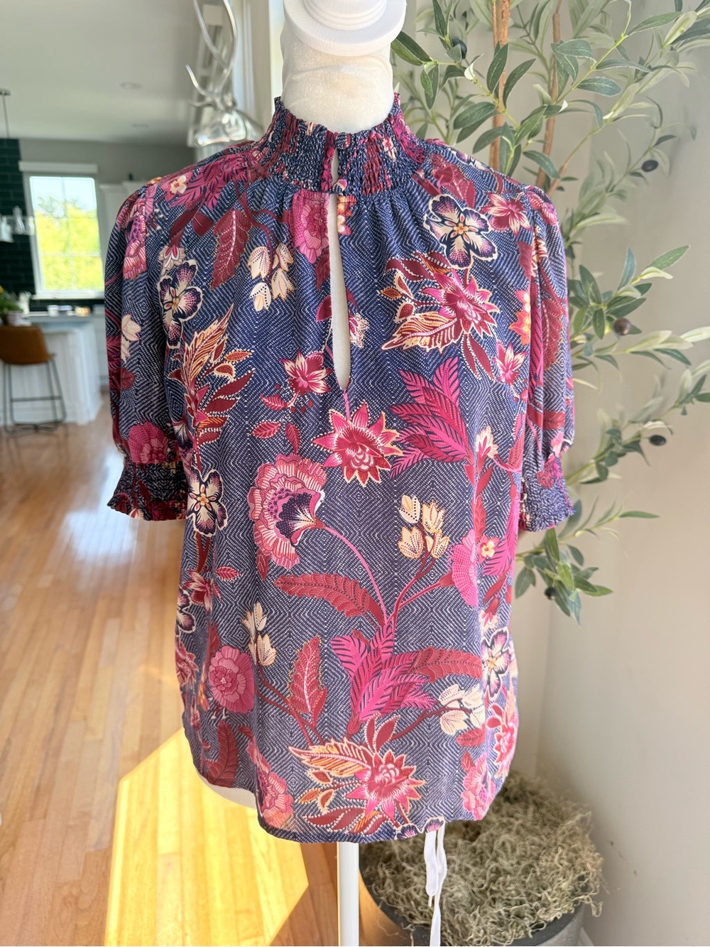 Evereve Navy Floral Smocked Keyhole Blouse with Pink & Cream Accents